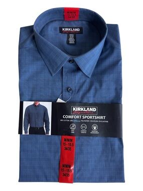 Kirkland Blue Micro Plaid CoolMax Collared Button Up Men Sz M 15-15.5 34/35